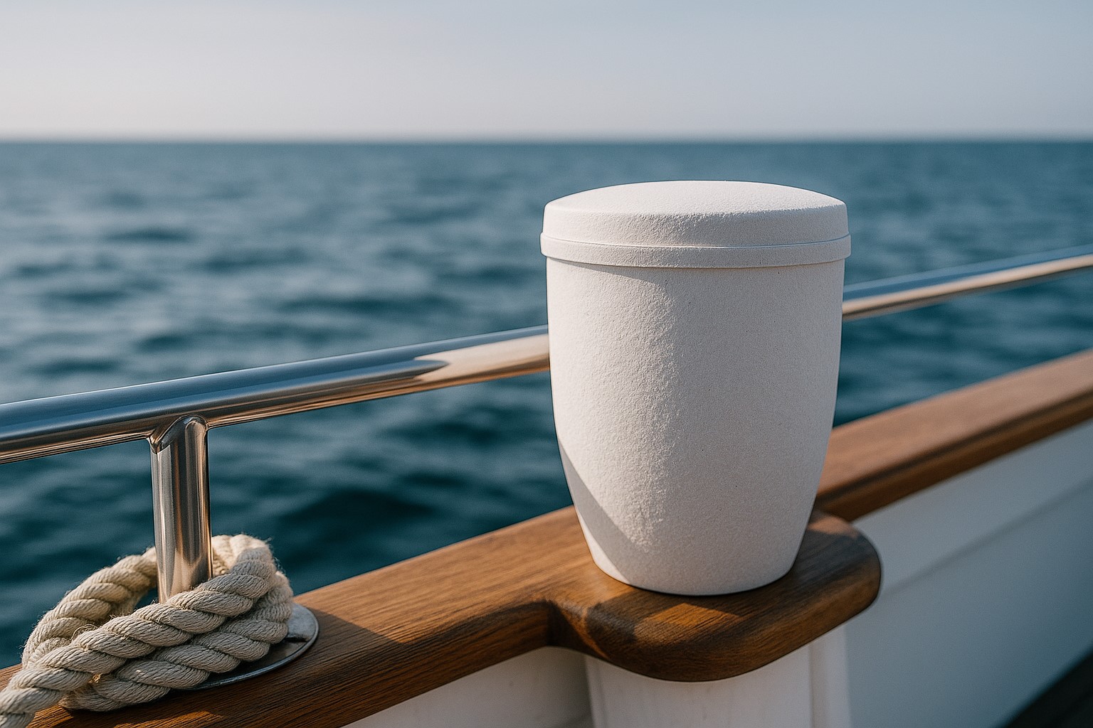 Weiße, wasserlösliche Seeurne aus Naturmaterial, nah an der Reling eines Schiffes, Blick auf offene See.